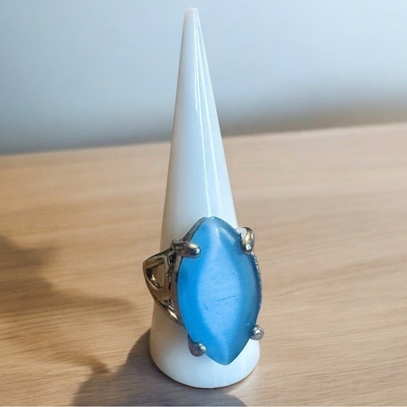 Vintage Blue Stone Statement Ring - Silver Tone - Size 10